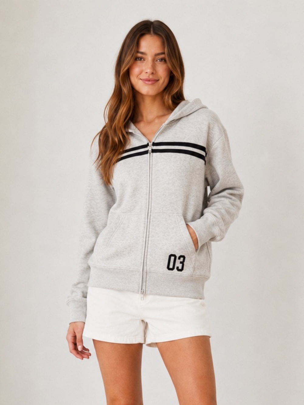 Hollister Light Gray Zip Hoodie with Black Stripe and '03 Detail